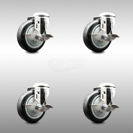 Service Caster 4 Inch 316SS Black Polyurethane Wheel Swivel Bolt Hole Caster Set with Brake SCC SCC-SS316BH20S414-PPUB-BLK-TLB-4